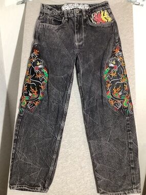 Ambush Acid Wash Black Jeans with Embroidered Jaguar Panels